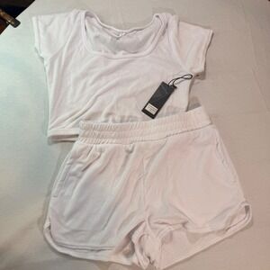 NWT Kimberly C Terry Cloth Lounge Set Womens M White Short Sleeve Cropped Comfy